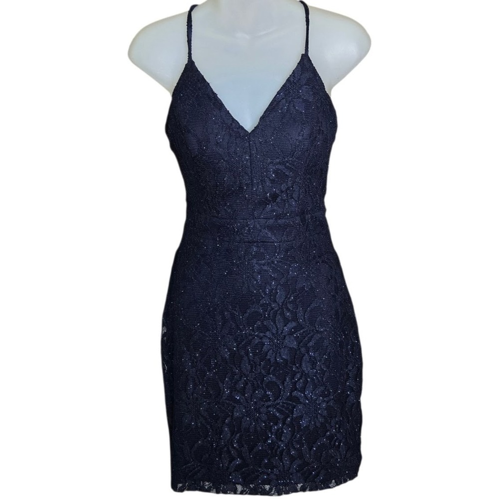 City Triangles Womens Dark Romantic Lace Overlay Dress Size 7 Open Back Shimmer